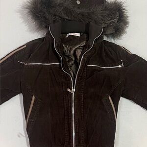 Dark Brown Cropped Corduroy Hooded Jacket with Faux Fur Trim